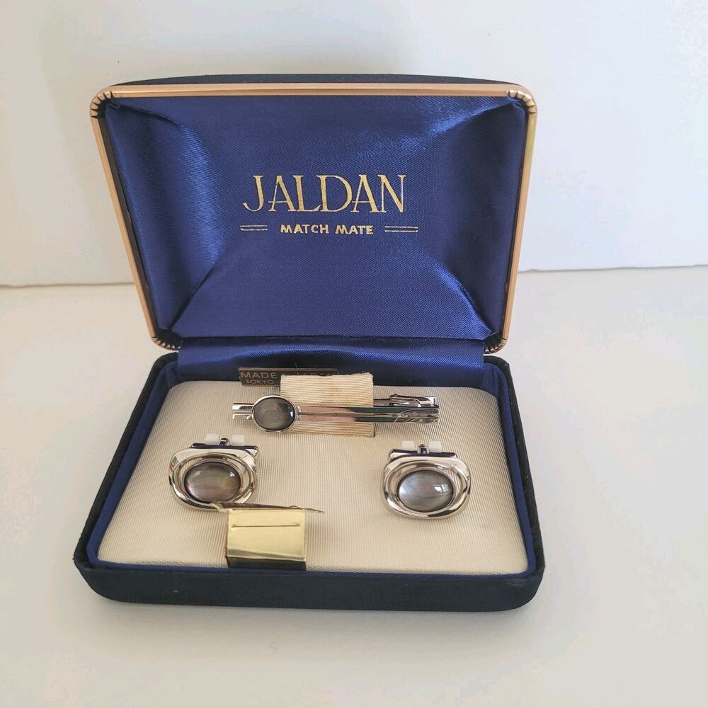 Jaldan Match Match Vintage Cufflinks Tie Clip Set Black Mother Of Pearls Silver‎